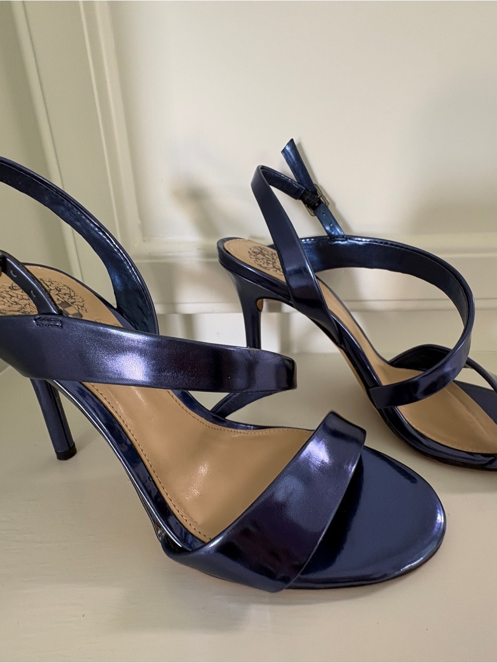 Vince Camuto Navy Patent Strappy Stiletto Sandals